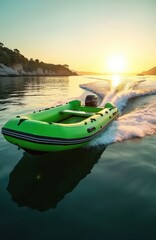 Fototapeta premium Green inflatable boat speeds across calm sea water at sunset. The vessel leaves a white wake behind it near the rocky shore. Coastal landscape under the warm evening sun.