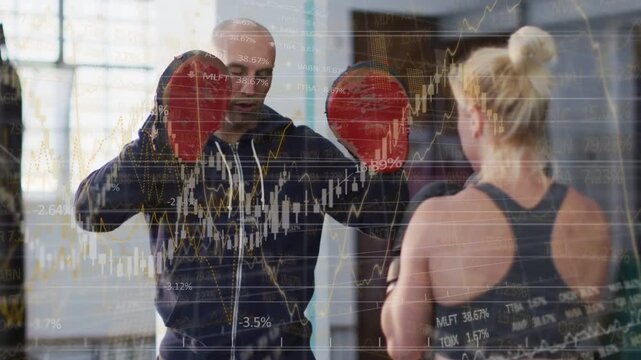 Coach adjusting pads trainee stepping hitting combos at red pads finance charts overlaying for form