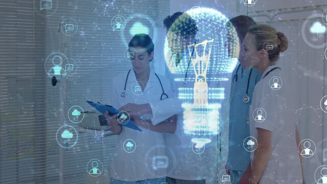 Medical team tapping blue clipboard starting holo lightbulb overlay reviewing patient chart bedside