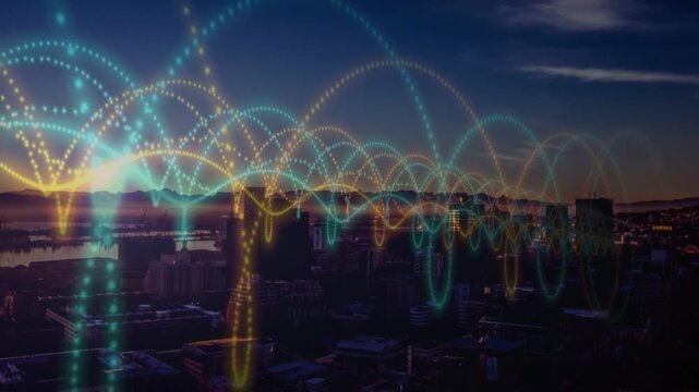 Bright left horizon emitting particles, forming teal gold arcs sweeping dusk skyline for tech