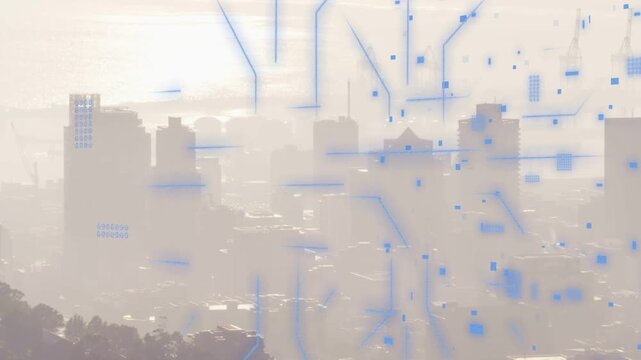 Sun glare activating blue data graphics over skyline, elements emerging, tracing down showing data