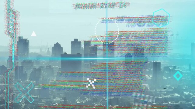 Cityscape displaying tech data panels for analysis as cyan scan line starting glitching, settling