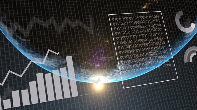Earth limb tech HUD rising while COLLECTING DATA text appearing, charts growing, visualizing data