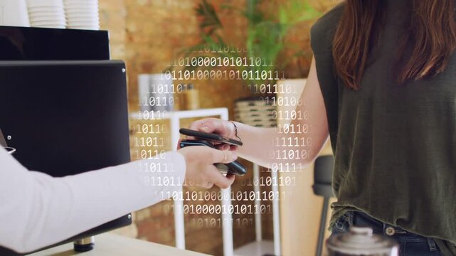 Vertical video: Customer tapping phone as staff offering reader in cafe, binary confirming payment