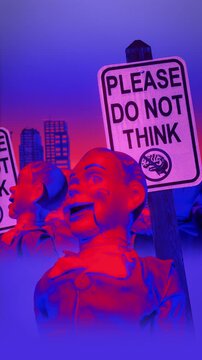 A group of faceless spinning mannequins and political statements contained on street signs on an endless loop.
