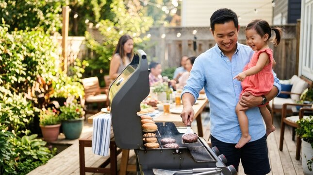 Father and daughter enjoy a backyard barbecue with family on a sunny day