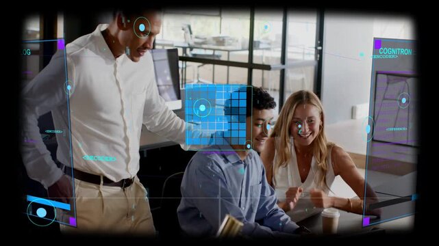 Holo UI appearing, team leaning in, left coworker pointing, mid user typing, reviewing prototype