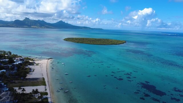 Aerial Drone View of Ile aux Aigrettes, White Sand Beach and Turquoise Lagoon Mauritius 4K