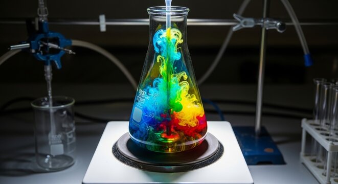 Colorful chemical reaction in a boiling flask on a hot plate