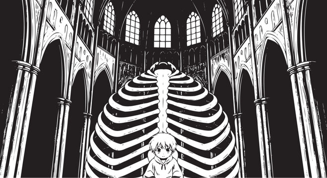 Gothic ribcage illustration, skeleton in cathedral, black and white artwork, macabre vector graphic