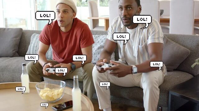 Two men on sofa holding controllers gaming, right player celebrating win as LOL bubbles multiplying