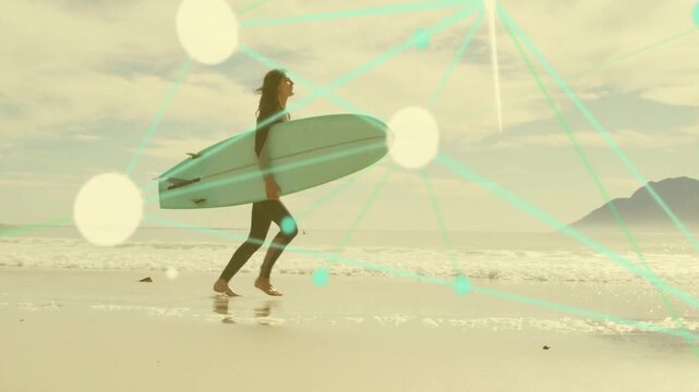 Surfer nearing surf, quickening avoiding wash while hugging board, teal lines overlaying subject