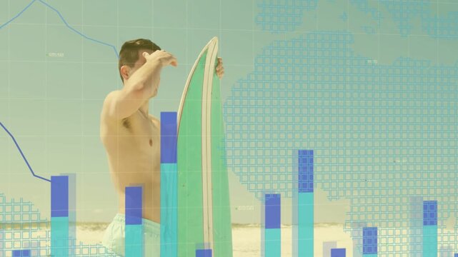 Surfer holding teal surfboard, animated charts rising from sand, shading eyes, watching data line