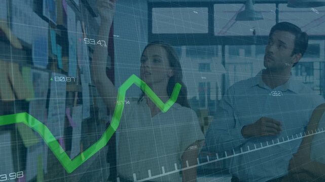Presenting woman moving notes during business plan, driving green chart aligning with priorities