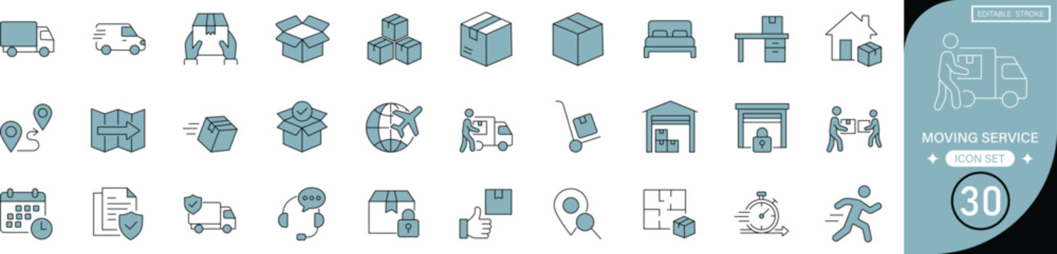 Moving service line icon set featuring relocation, logistics, shipping, transportation, packing, delivery, truck, storage, boxes and carrier. editable stroke vector set. professional icons.