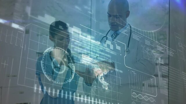 Medical team leaning and touching globe while doctor pointing tablet causing charts reviewing data