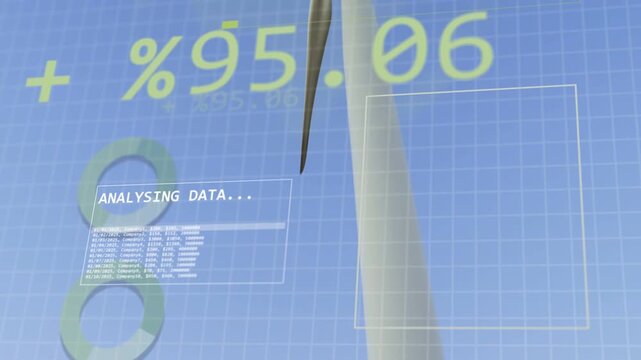 HUD appearing over wind farm and camera tilting, zooming toward main turbine analyzing percentages