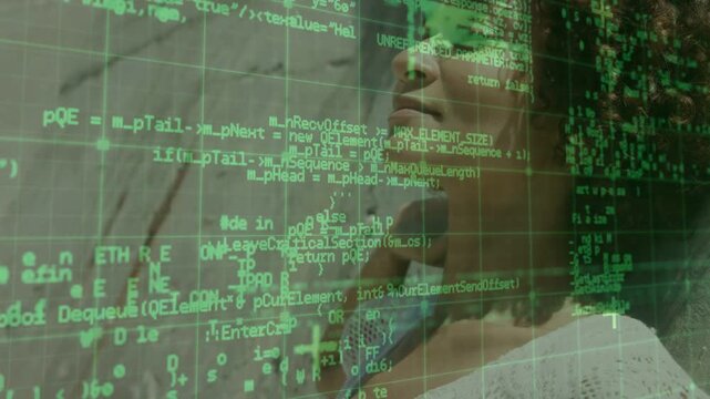 Adult female holding neck and reacting to shifting green code overlay, revealing calm face for tech