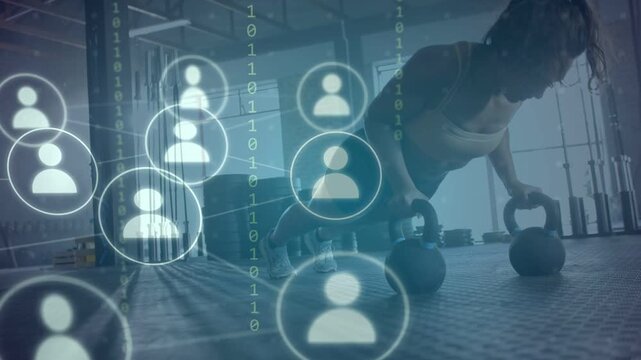 Woman performing KB pushups on gym floor, avatars and data streams overlaying from left for fitness