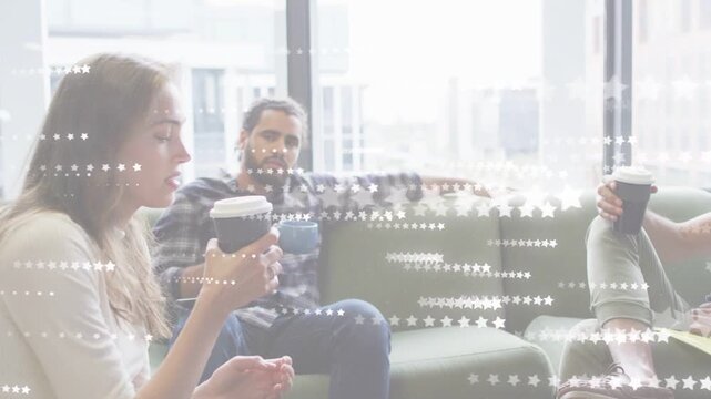 Camera panning, focusing on woman, highlighting woman while office peers sipping under star overlay