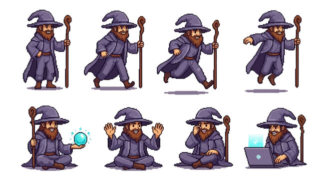 Pixel Art Wizard Character Set with Various Poses.