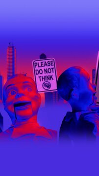 A group of faceless spinning mannequins and political statements contained on street signs on an endless loop.
