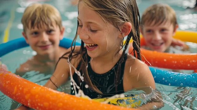 Children Learning to Swim in Pool with Floaties and Noodles Having Fun