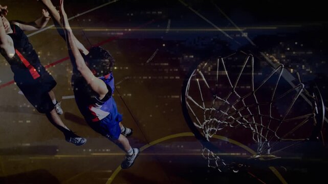 Sports player shifting and shooting layup scoring defender contesting overlay tracing ball over rim