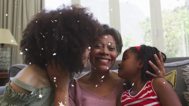 Talk turning to laughs, family leaning kissing gran showing love, stars drifting over them, health