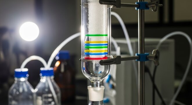 Chromatography column with distinct colored bands in laboratory