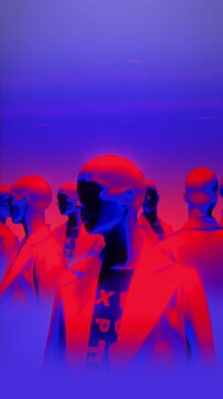 A group of faceless mannequins spinning on an endless loop in a stop motion style.
