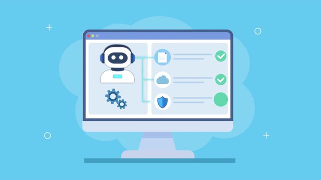 Flat vector animation of a system dashboard with robot assistant, settings gear, workflow steps, and checklist status, representing automation, monitoring, and digital processes.