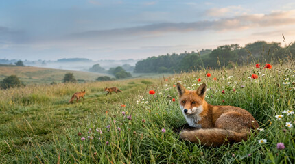 Fototapeta premium Red fox resting in a field of wildflowers at sunrise with fog in the distance