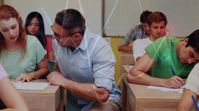 Teacher walking aisle, leaning at desk, pointing at test, clarifying in education, waveform marking