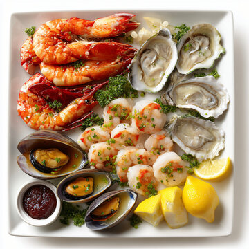 Delicious seafood platter with oysters, lobster, shrimp, mussels