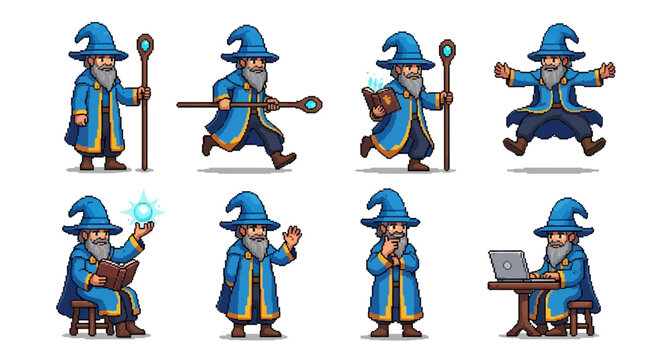 Collection of Pixel Art Wizards in Various Poses and Actions.
