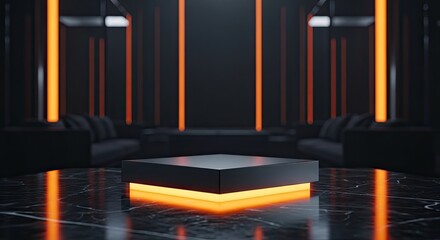 Obraz premium A futuristic dimly lit stage with glowing orange lights showcasing a sleek black platform surrounded by modern furniture and minimalist interior design elements.