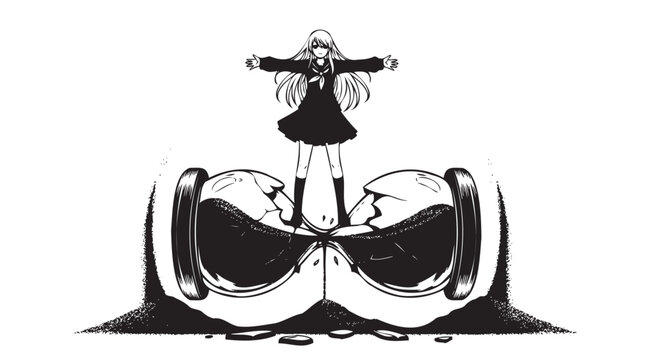 Black and white, girl standing on broken sunglasses, vector illustration, monochrome