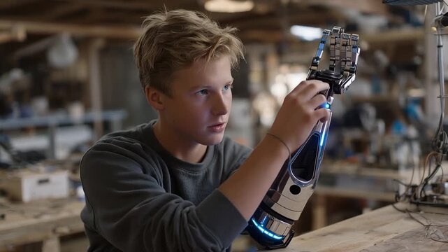 Bioengineer adjusting electrode connectors on a prosthetic leg with sensory feedback nodes in a university robotics lab, neon blue equipment glow, amputee mobility research, advanc