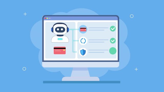Flat vector animation of a payment dashboard with robot assistant, credit card, transaction steps, and checklist status, representing digital payments and fintech automation.