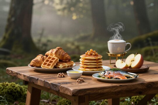 Wooden table presenting hot breakfast spread in forest
