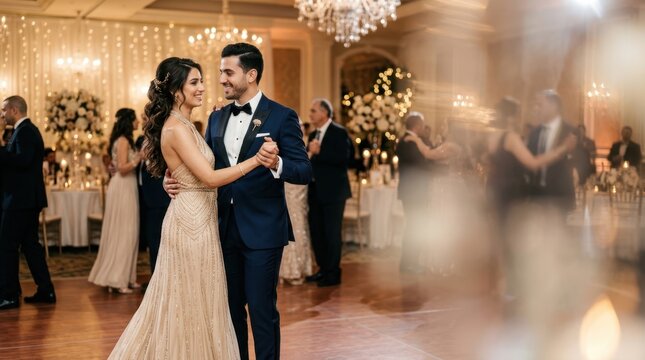 Elegant wedding couple dances joyfully at their reception in a grand ballroom
