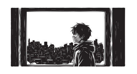 Anime boy looking out window, cityscape view, black and white illustration, urban landscape © Uttam