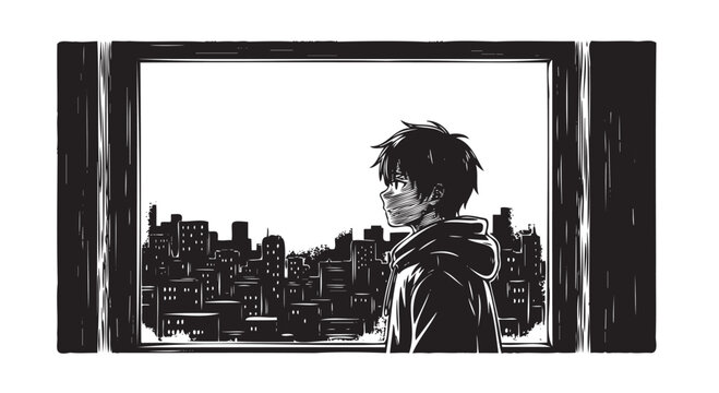 Anime boy looking out window, cityscape view, black and white illustration, urban landscape