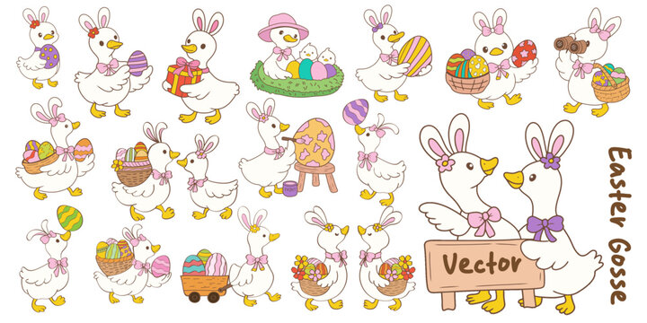 Happy Easter. Spring holiday greeting card collection. Cute pastel silly easter goose bunny ear seamless pattern cartoon cottage spring hand drawn style.