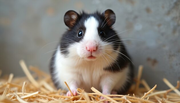 Black and white hamster sits on straw bedding. Small rodent with pink nose and large dark eyes looks directly forward. Cute pet has fuzzy fur and long whiskers.