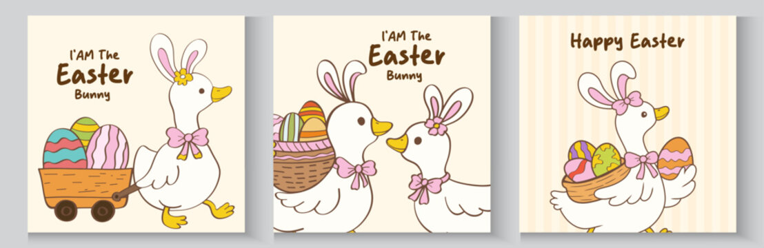Happy Easter. Spring holiday greeting card collection. Cute pastel silly easter goose bunny ear seamless pattern cartoon cottage spring hand drawn style.