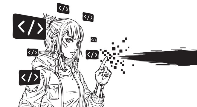 Anime girl with coding symbols, futuristic illustration, black and white vector, digital art