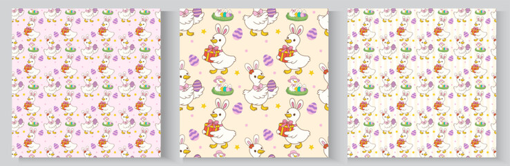 Happy Easter. Spring holiday greeting card collection. Cute pastel silly easter goose bunny ear seamless pattern cartoon cottage spring hand drawn style. © Sri drawing