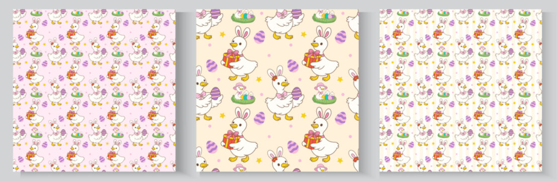 Happy Easter. Spring holiday greeting card collection. Cute pastel silly easter goose bunny ear seamless pattern cartoon cottage spring hand drawn style.